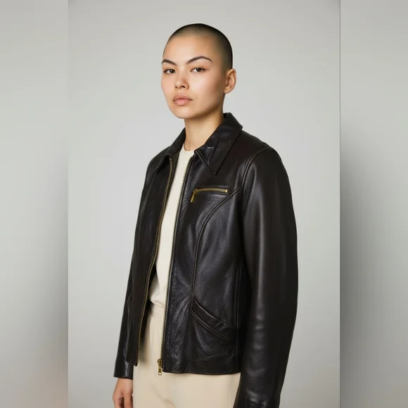 Winlit Dark Brown Women's Leather Jacket Size Medium With Gold Accents - Picture 1 of 14